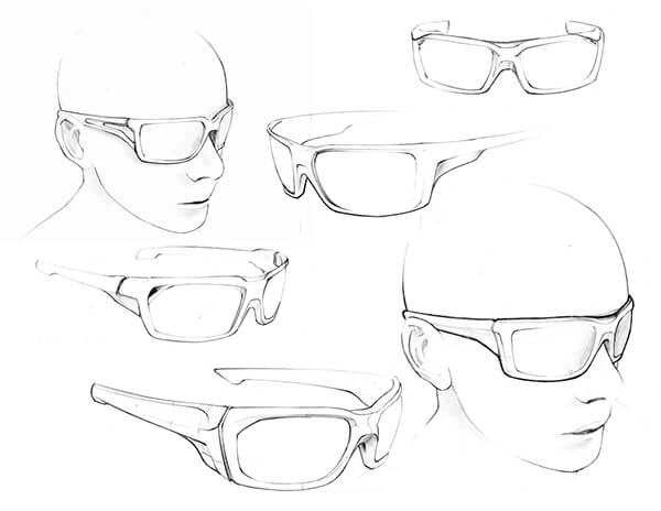 Close-up of design sketches and prototypes